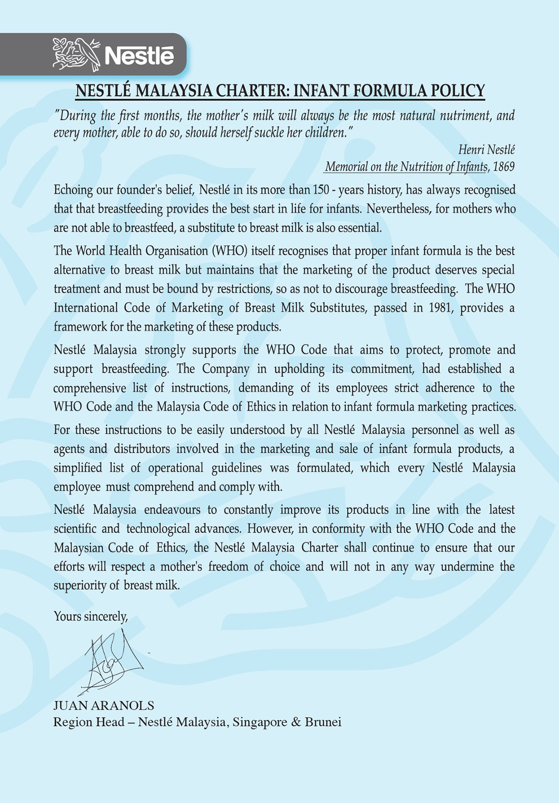 NESTLÉ MALAYSIA CHARTER - Infant Formula Policy
